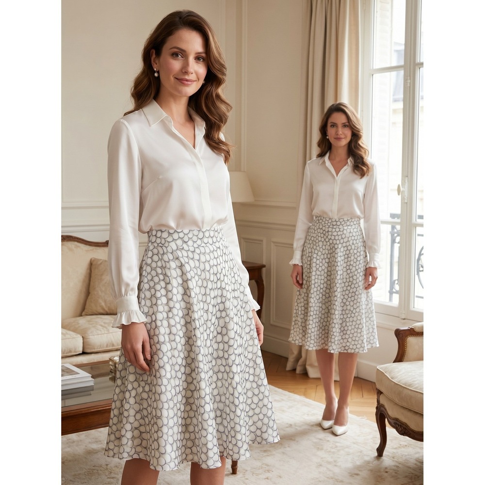 Brooks Brothers Silk Circle Print Skirt 8 Ivory Gray A-Line Flared Midi Lined